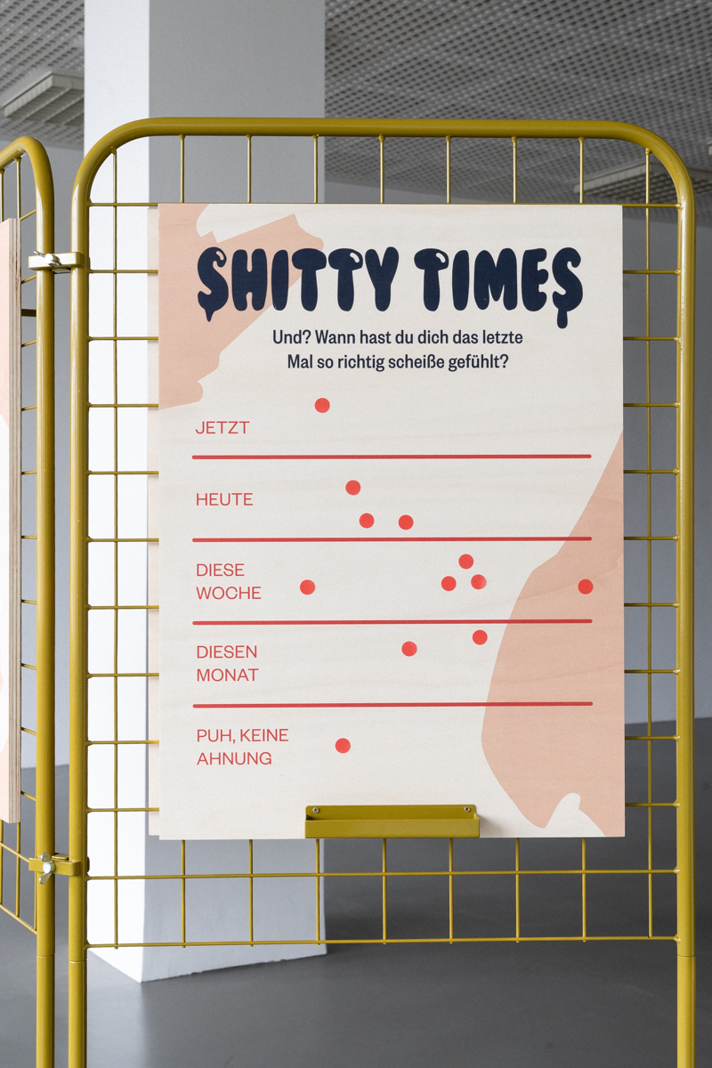 das Interaktive Board "Shitty Times" innerhalb der Ausstellung SHITSHOW A show about shitty feelings